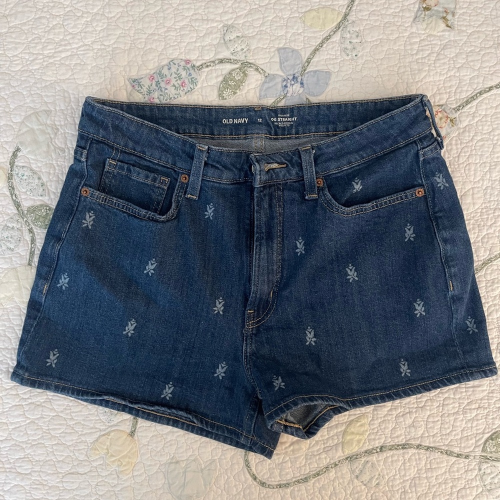 Old Navy Dark Blue Denim Shorts with Embroidered Floral Motif